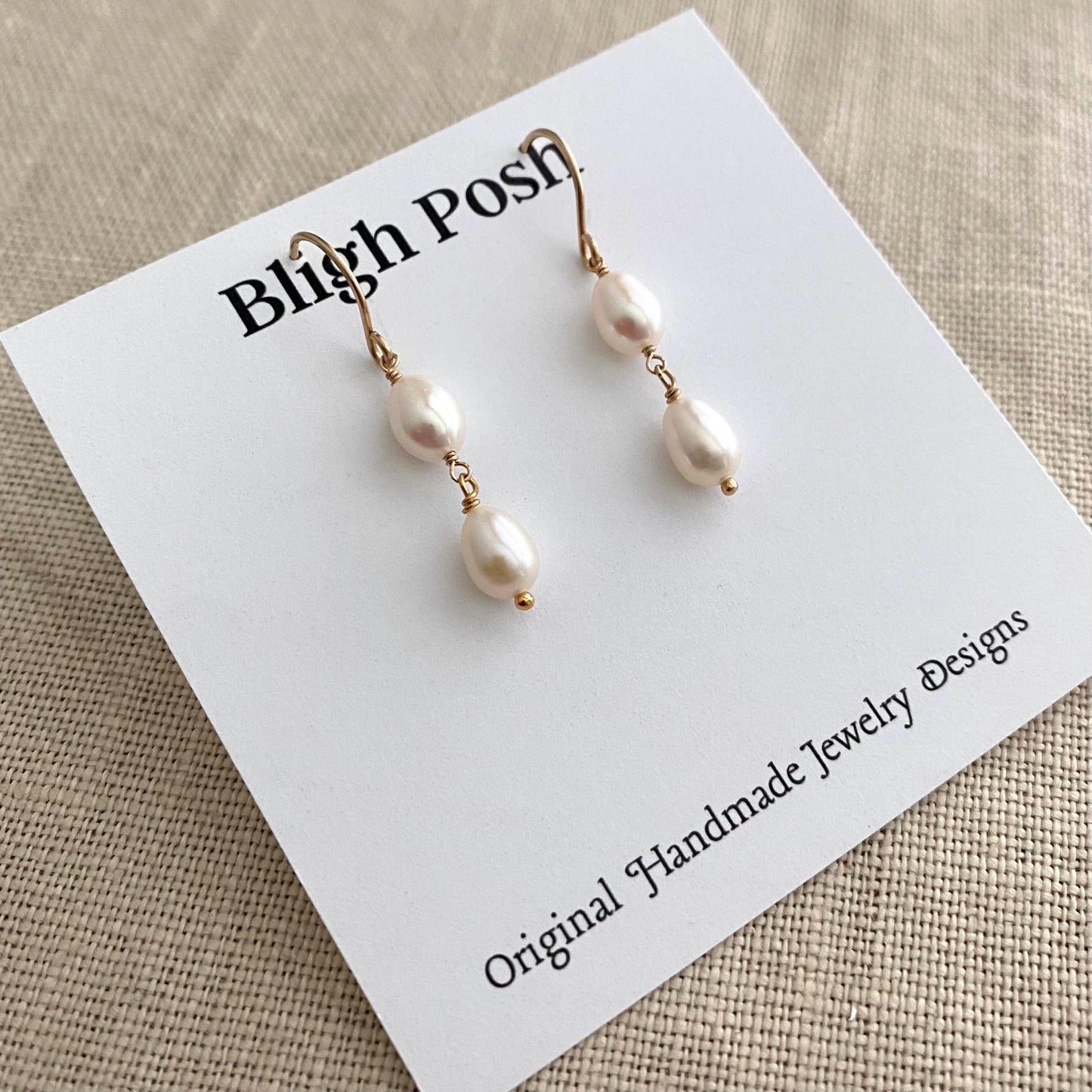 White Pearl Drop Earrings – 14k Gold Filled Hand-Hammered Ear Wires