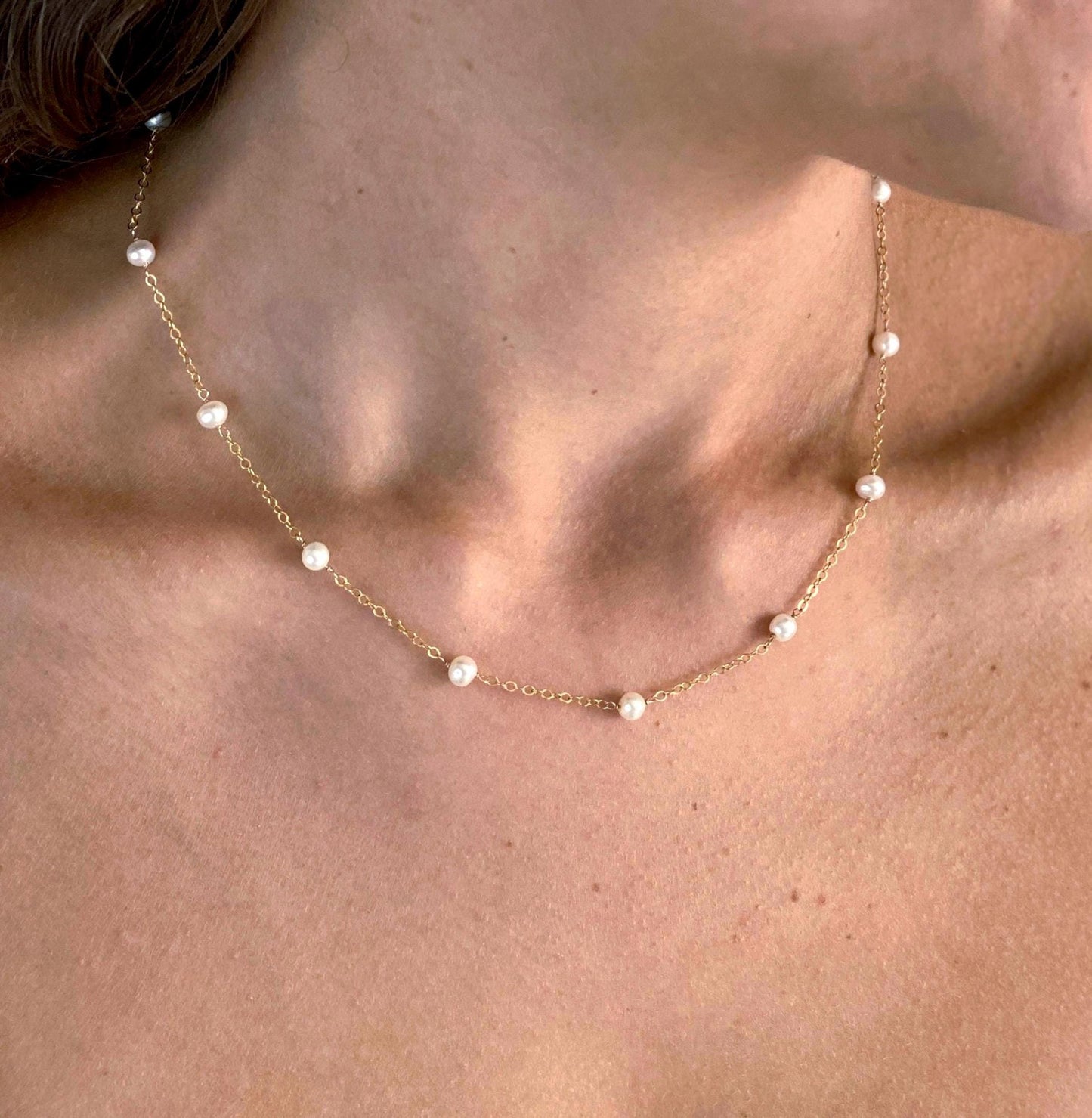 Freshwater Pearl Dainty Chain Station Necklace: Sterling Silver, Gold Filled.
