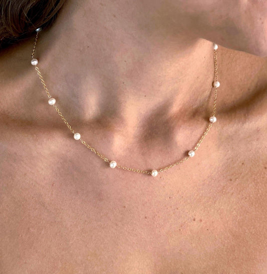 Freshwater Pearl Dainty Chain Station Necklace: Sterling Silver, Gold Filled.