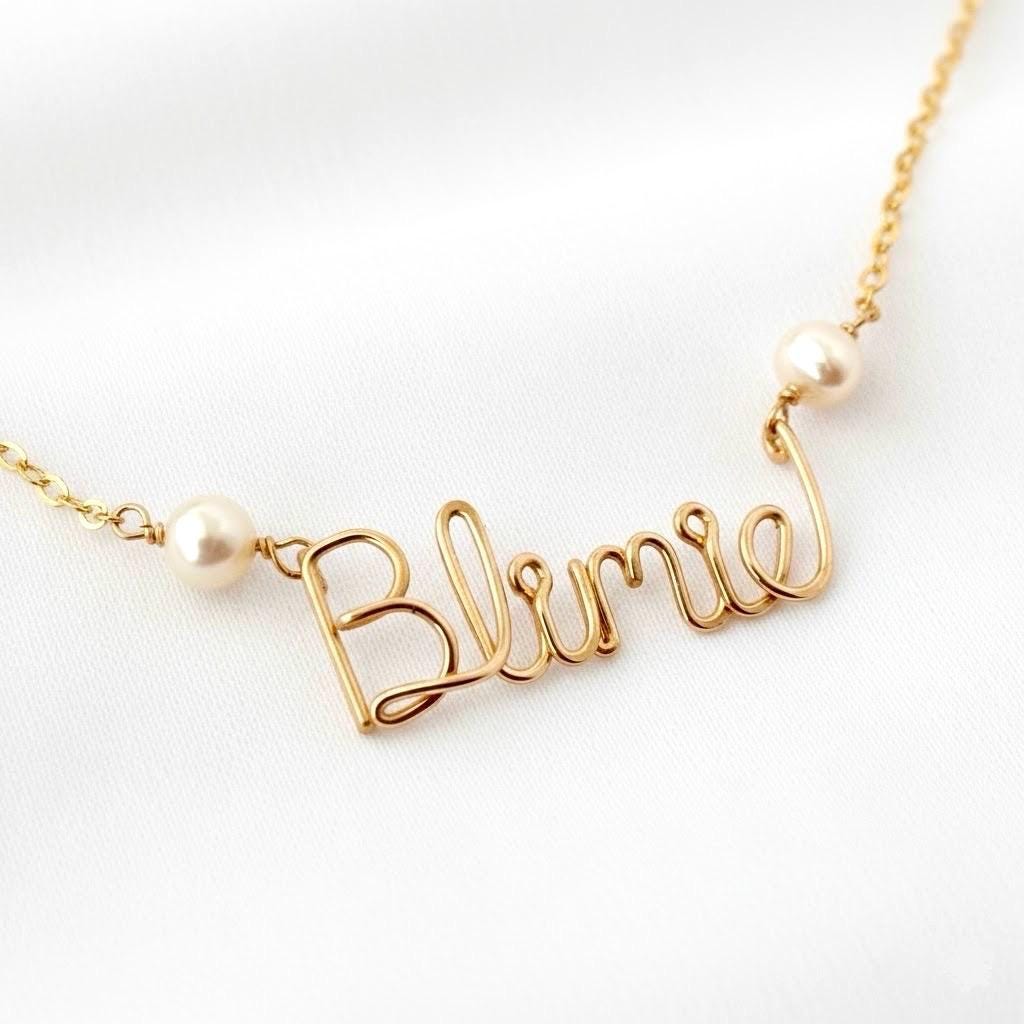 Custom Gold Two Pearl Name Necklace: Cursive Gold Script Monogram