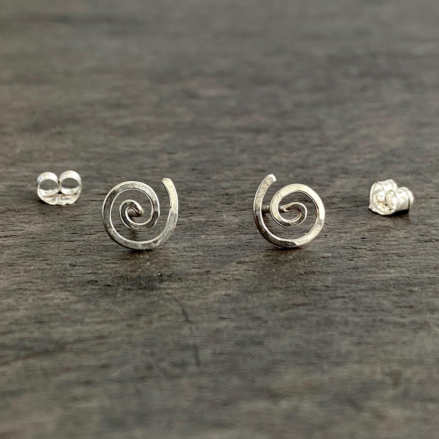 Hand Hammered Sterling Silver Spiral Studs: Minimalist Swirl Earrings