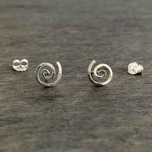 Hand Hammered Sterling Silver Spiral Studs: Minimalist Swirl Earrings