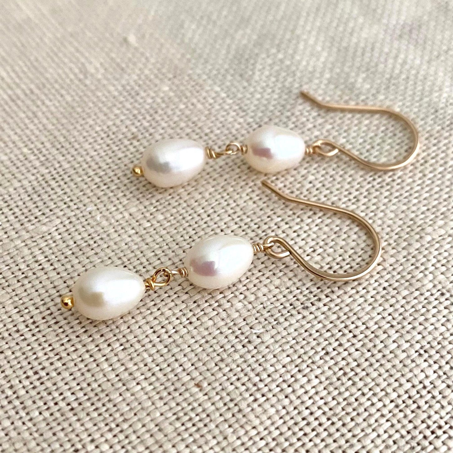 White Pearl Drop Earrings – 14k Gold Filled Hand-Hammered Ear Wires