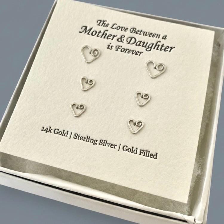 Mother & Daughter Sterling Silver Heart Studs 3 Sets - Twin Mom Gift