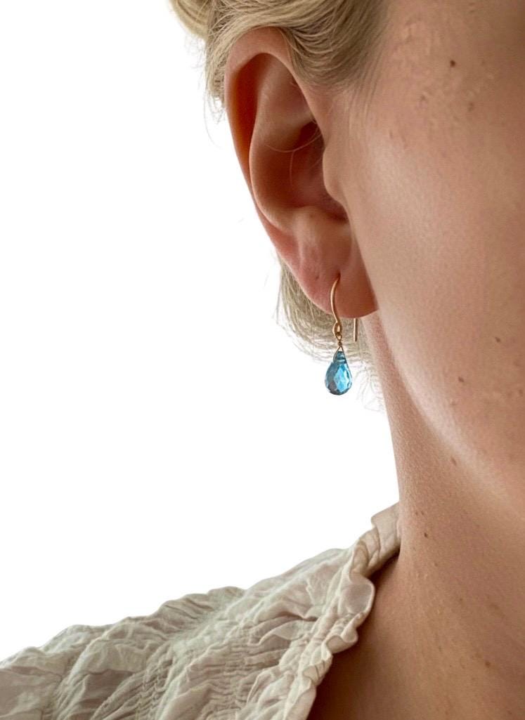 Genuine Blue Topaz Drop Earrings – 14k Gold Filled Hammered Ear Wires Faceted Teardrop Gemstones