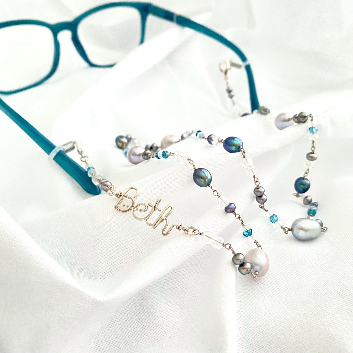 Personalized Beaded Chain Eye glasses Holder: Freshwater Pearls, Quartz, Sterling Silver