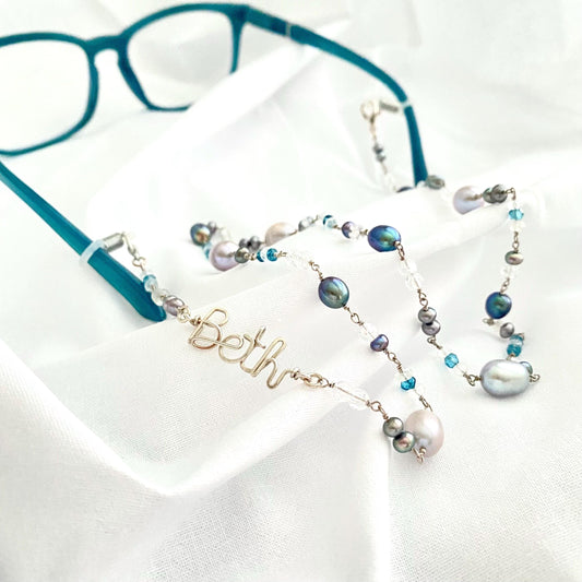 Personalized Beaded Chain Eye glasses Holder: Freshwater Pearls, Quartz, Sterling Silver