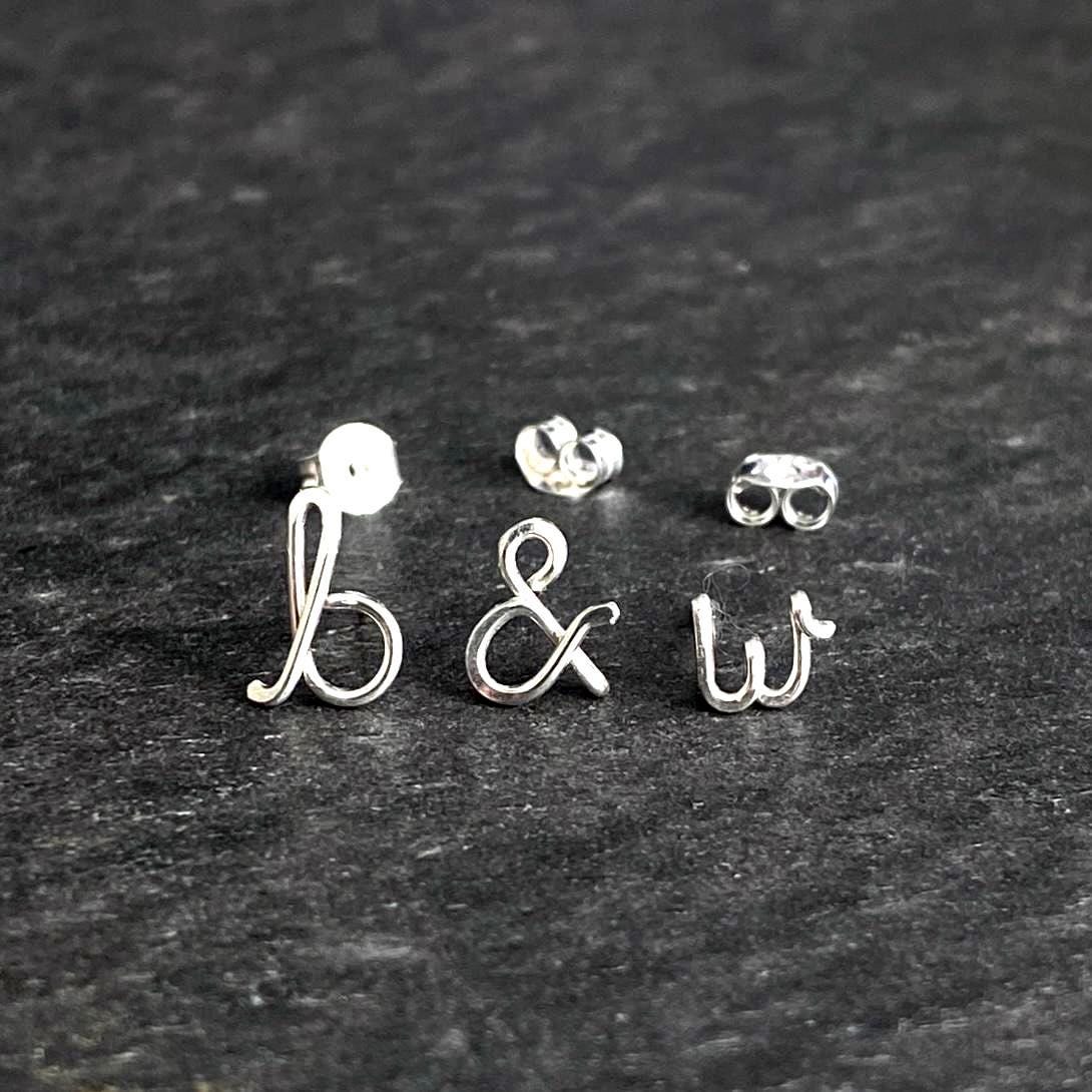 Custom Lovers Initial Small Earrings: Personalized Sterling Silver Ampersand Script Studs