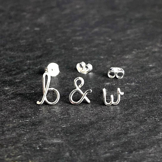 Custom Lovers Initial Small Earrings: Personalized Sterling Silver Ampersand Script Studs