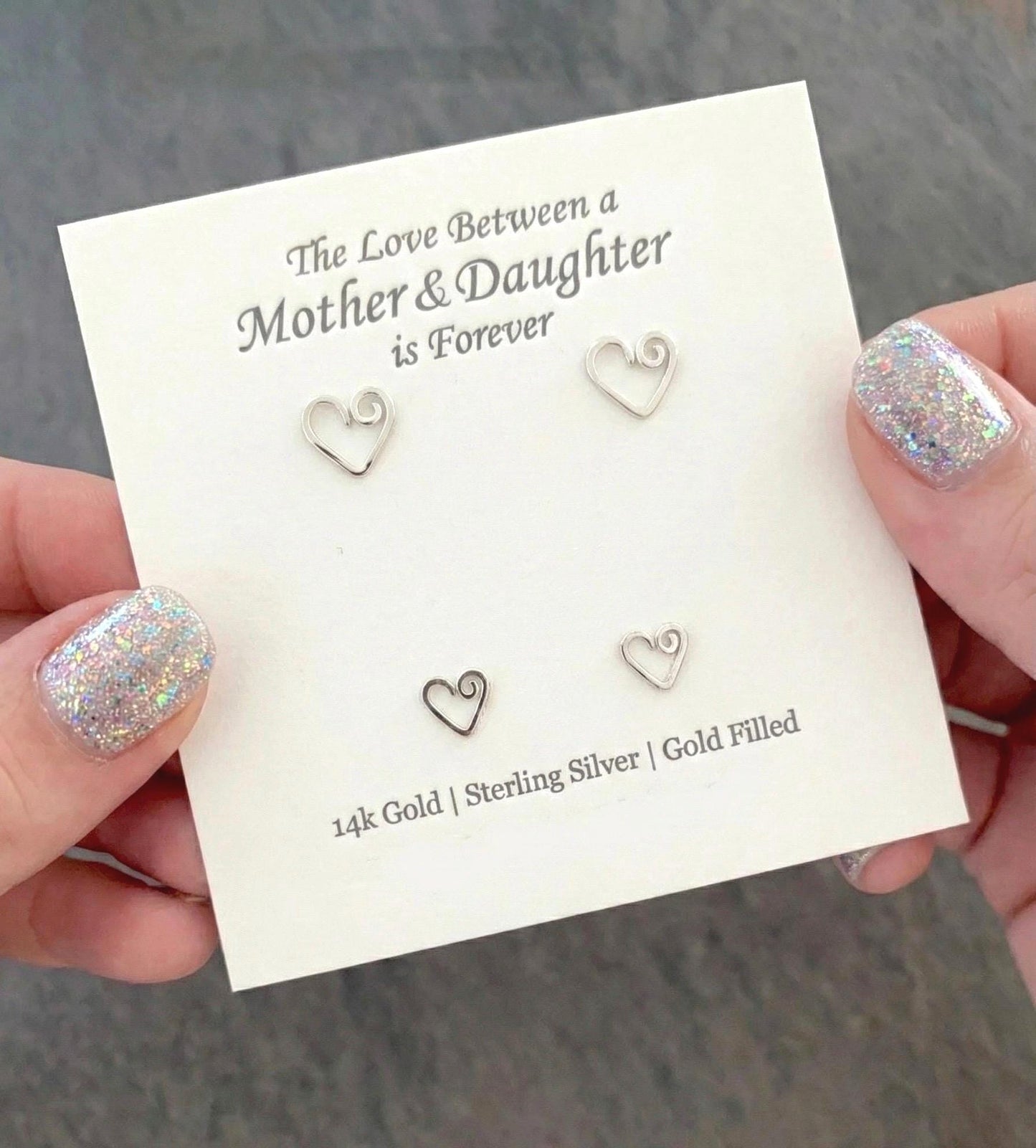 Mother Daughter Sterling Silver Heart Studs Set: Hammered Texture Earrings