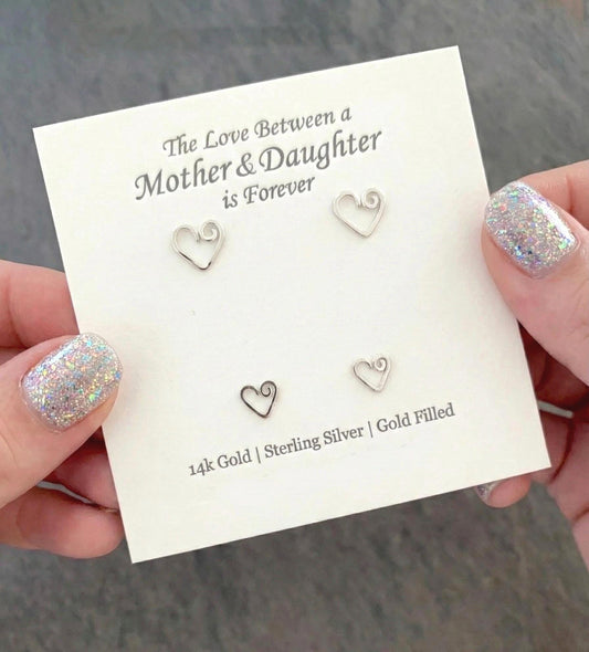 Mother Daughter Sterling Silver Heart Studs Set: Hammered Texture Earrings