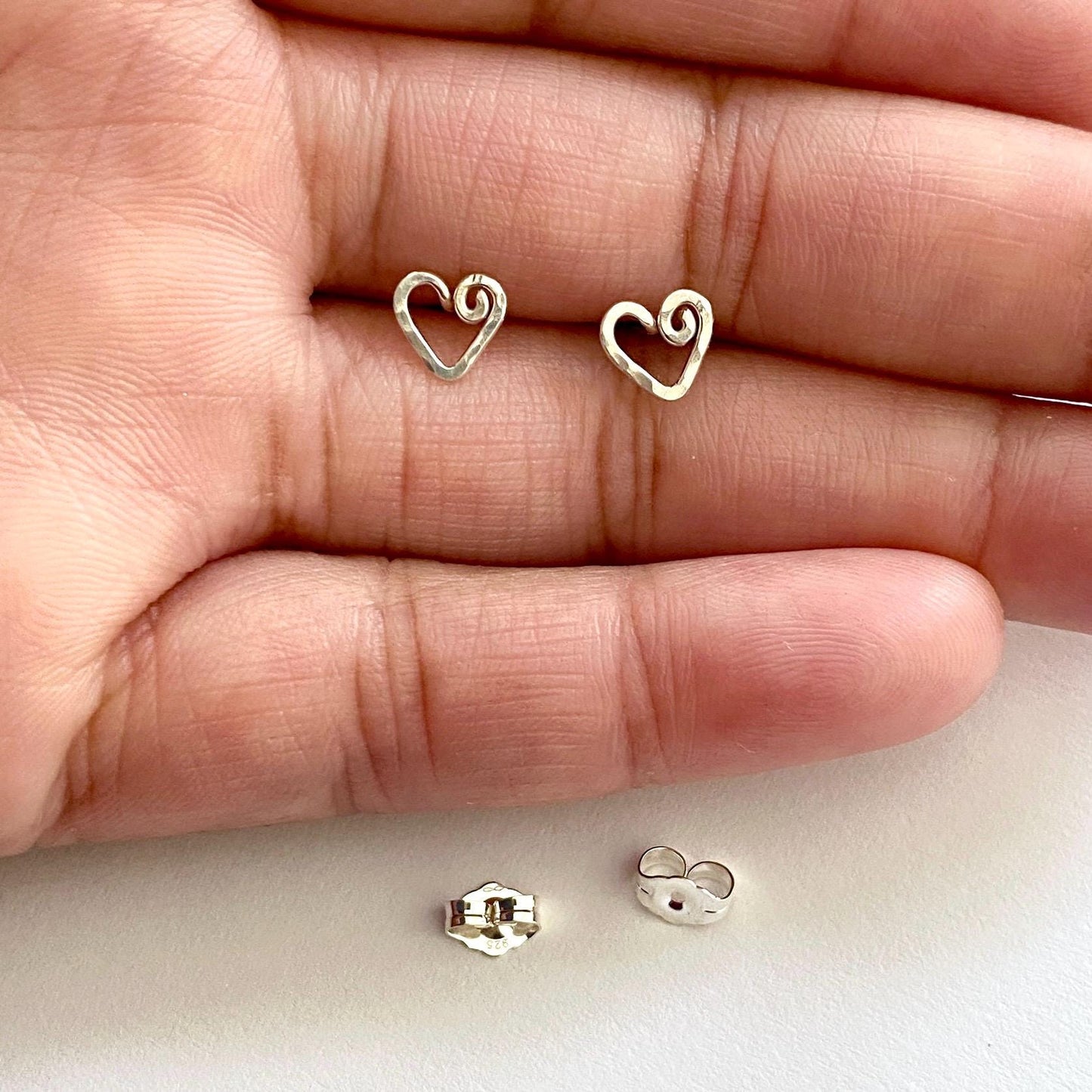 Small Hammered Heart Studs. Sterling Silver Tiny Stud Post Earrings.