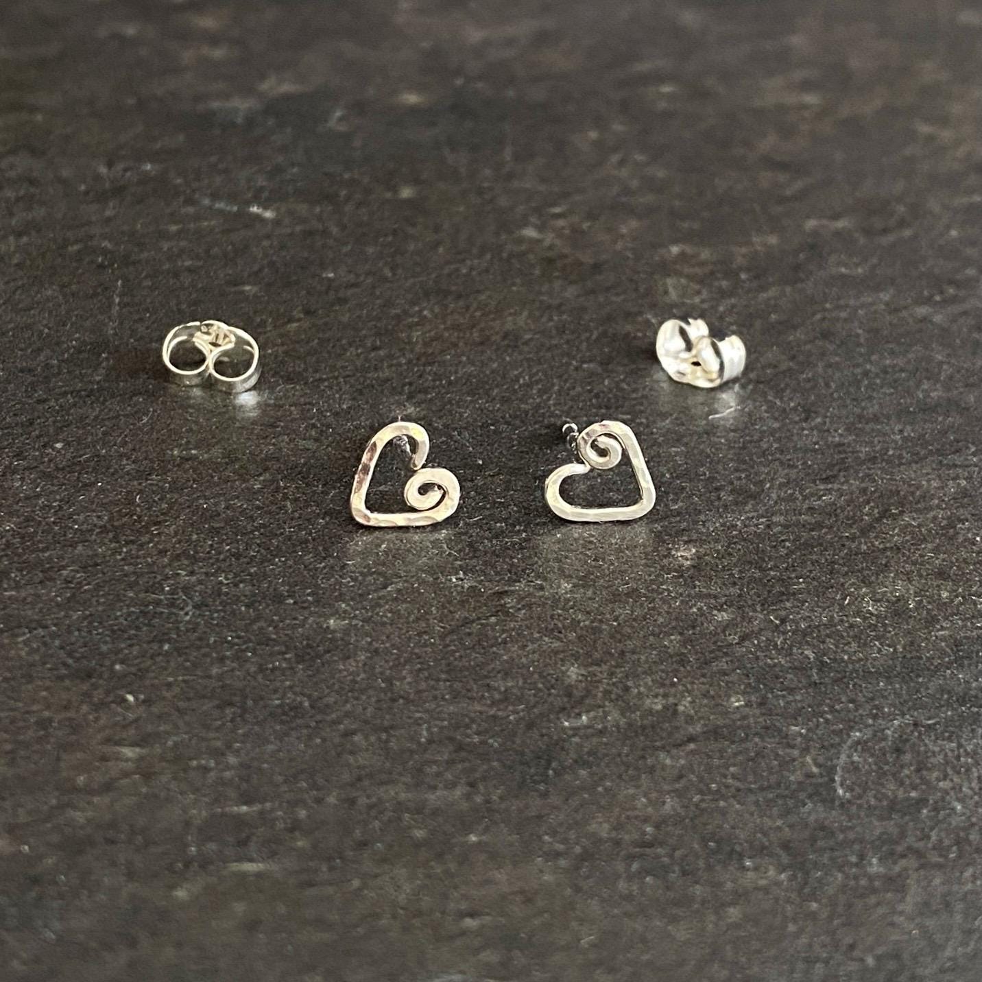 Small Hammered Heart Studs. Sterling Silver Tiny Stud Post Earrings.
