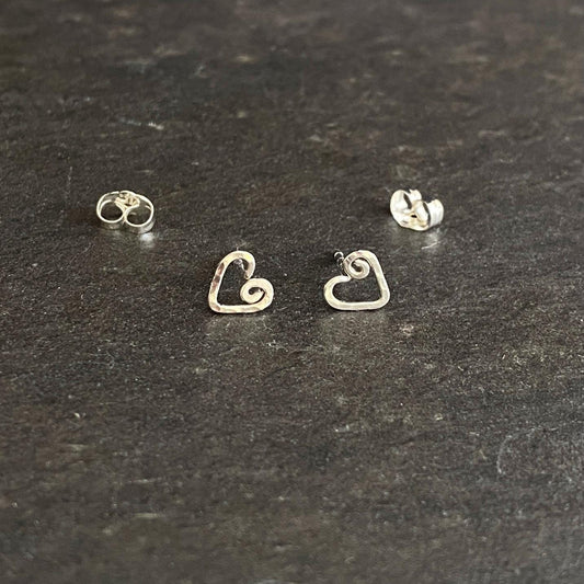 Small Hammered Heart Studs. Sterling Silver Tiny Stud Post Earrings.