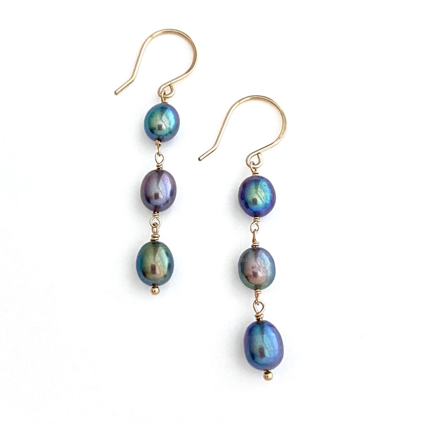 Peacock Pearl Triple Drop Earrings: 14k Gold Filled Freshwater Pearls