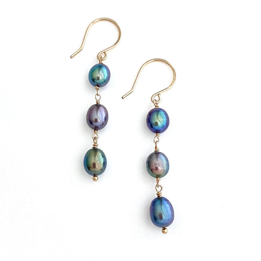 Peacock Pearl Triple Drop Earrings: 14k Gold Filled Freshwater Pearls