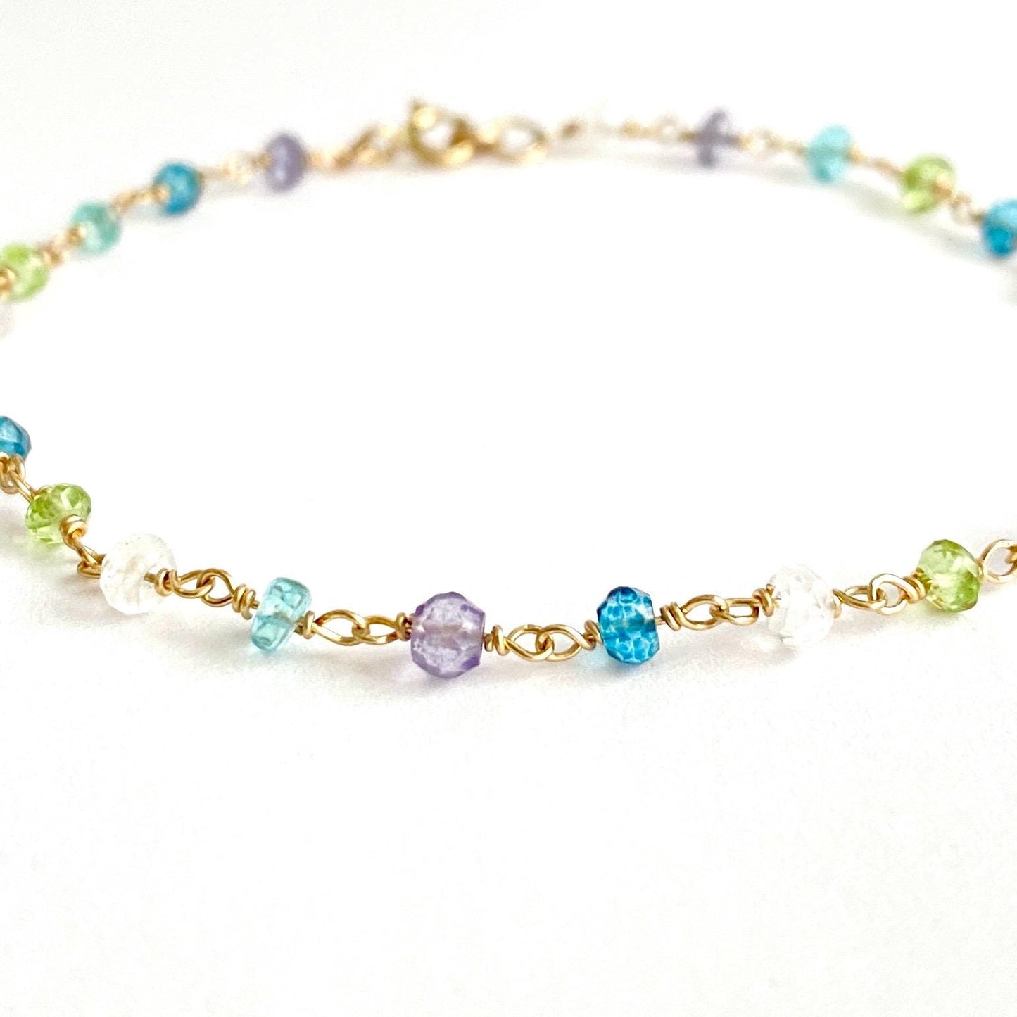 Dainty Blue Gemstone Bracelet: Hand Wrapped in 14k Gold Filled