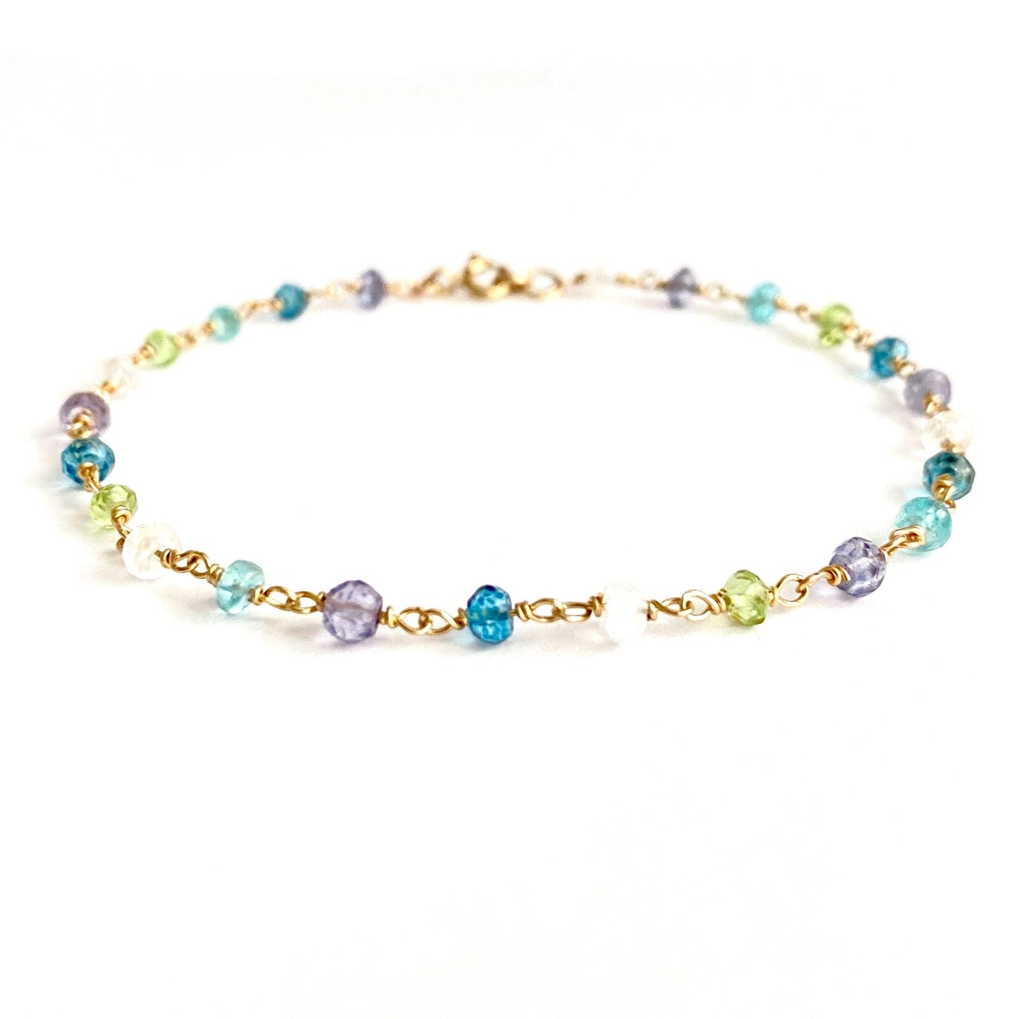 Dainty Blue Gemstone Bracelet: Hand Wrapped in 14k Gold Filled