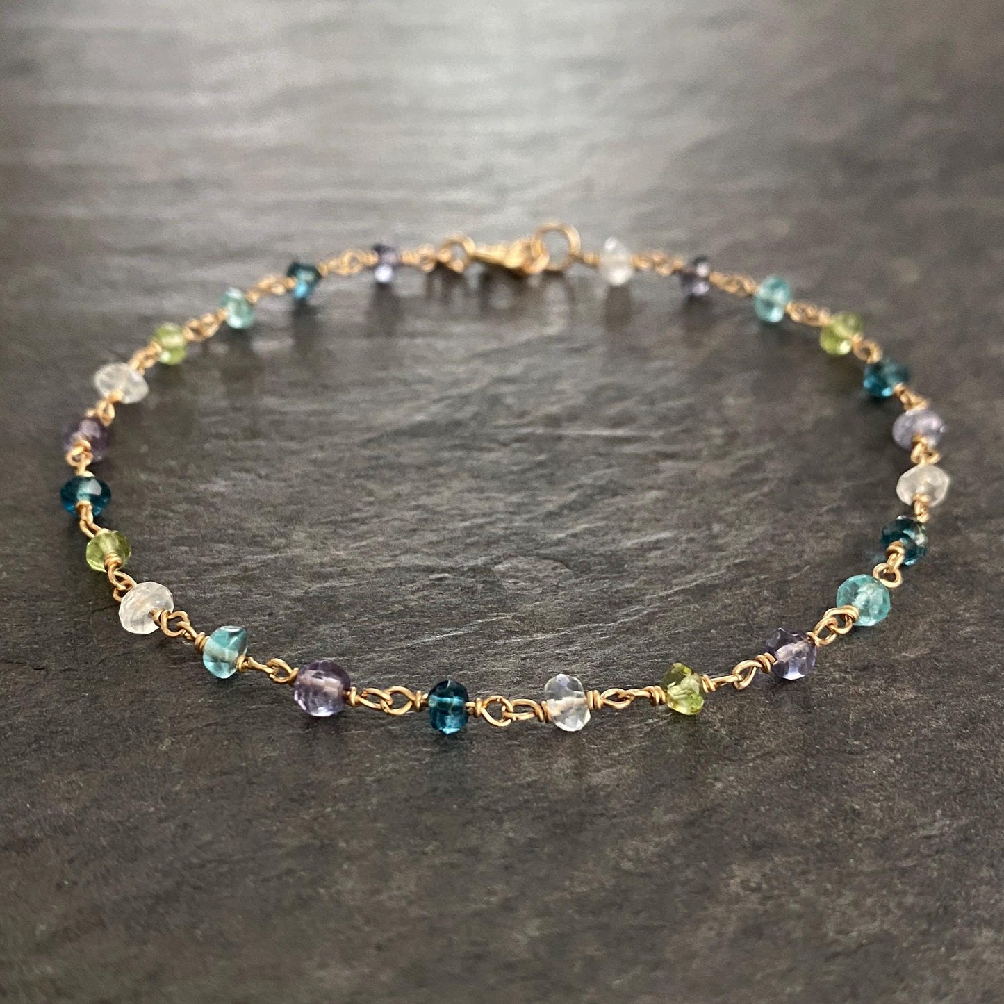 Dainty Blue Gemstone Bracelet: Hand Wrapped in 14k Gold Filled