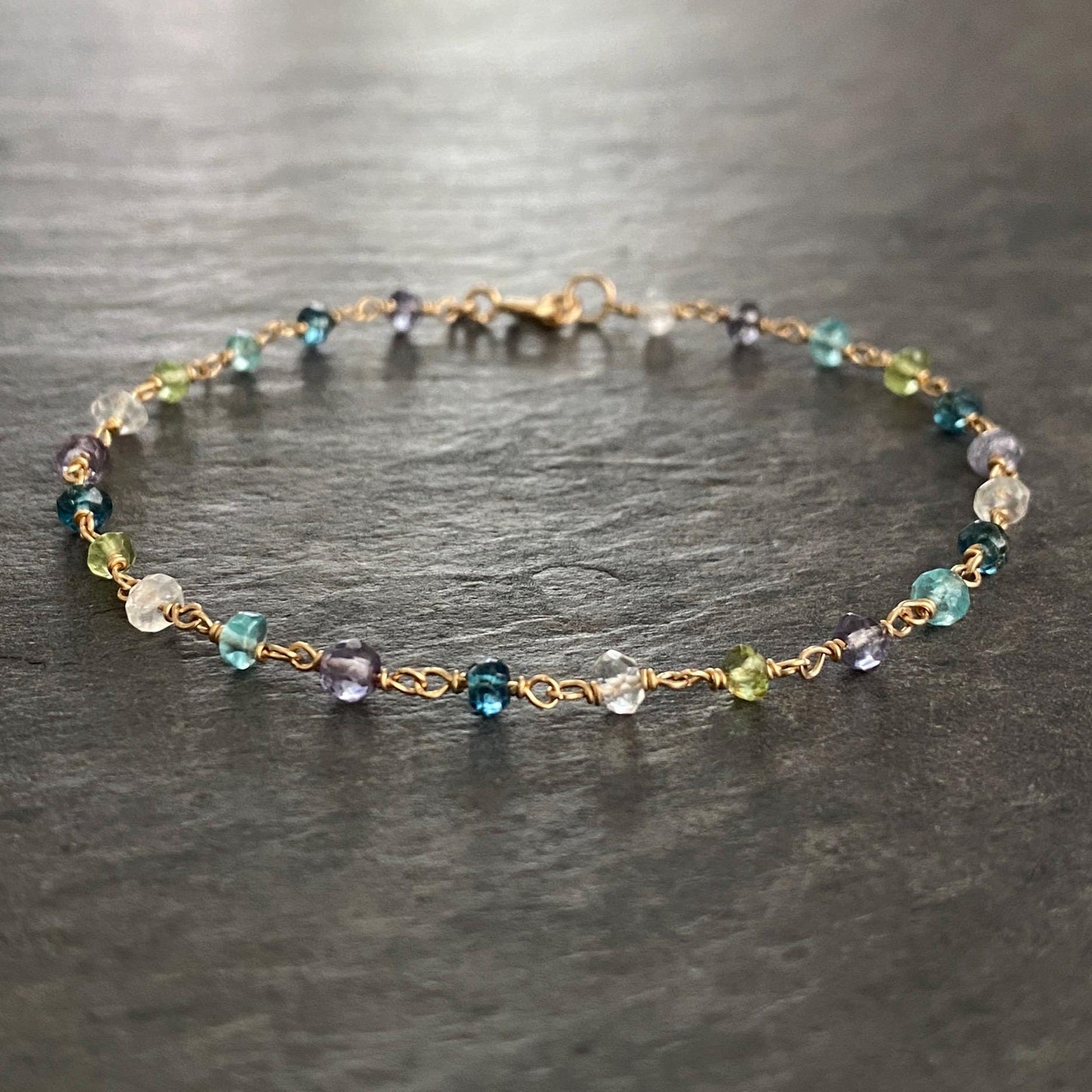Dainty Blue Gemstone Bracelet: Hand Wrapped in 14k Gold Filled