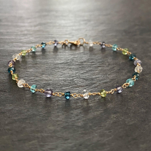 Dainty Blue Gemstone Bracelet: Hand Wrapped in 14k Gold Filled