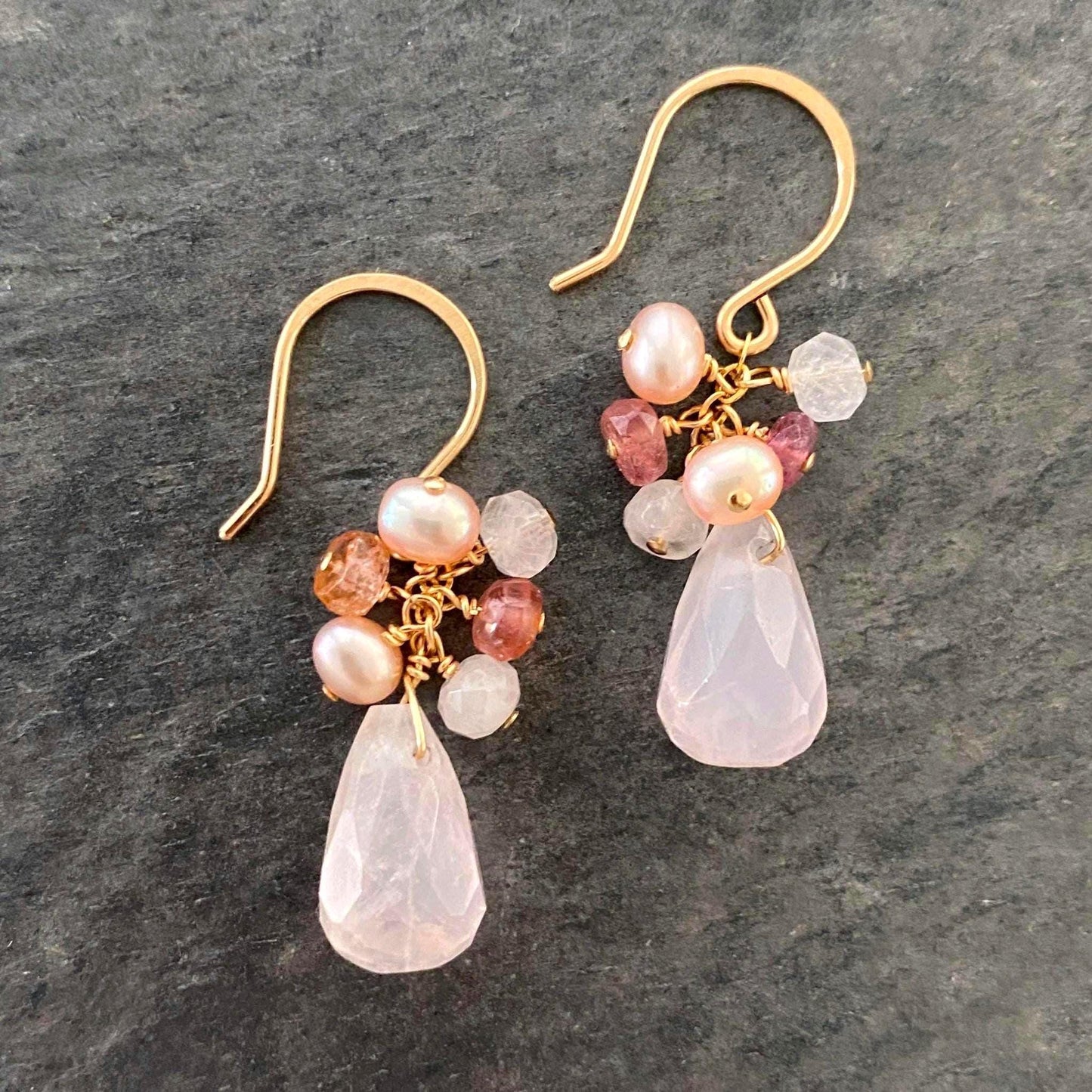 Rose Quartz Earrings: 14k Gold Filled, Pink Pearls, Tourmaline Gemstone