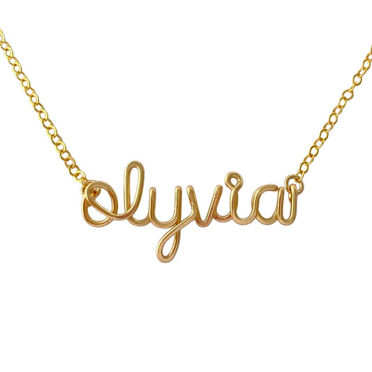 Gold Lowercase Name Script Necklace: Custom Wire Word.