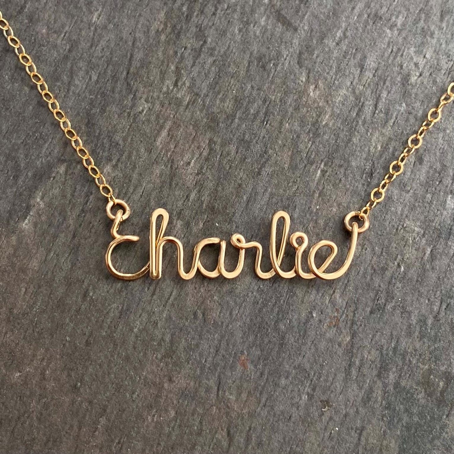 Gold Lowercase Name Script Necklace: Custom Wire Word.