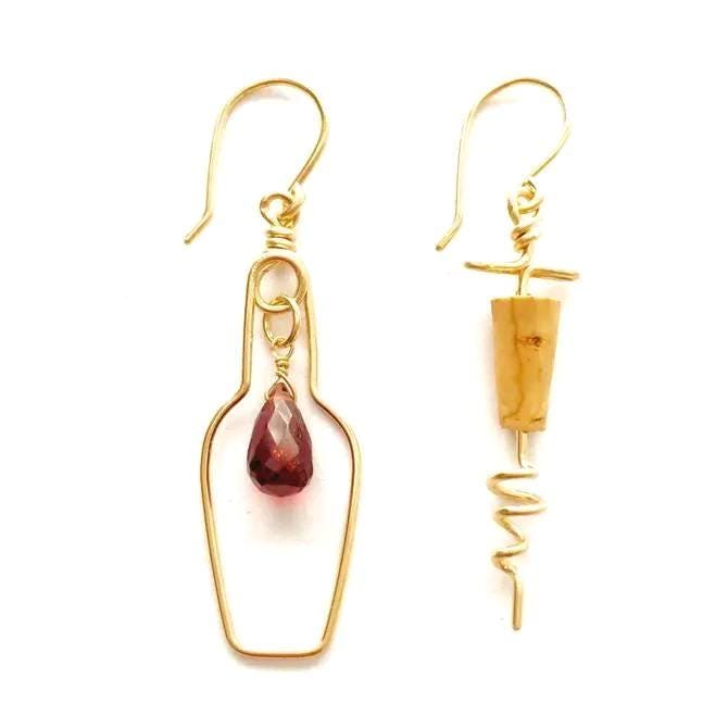 Red Garnet Wine Bottle Cork Screw Earrings. Gold Cocktail Jewelry.