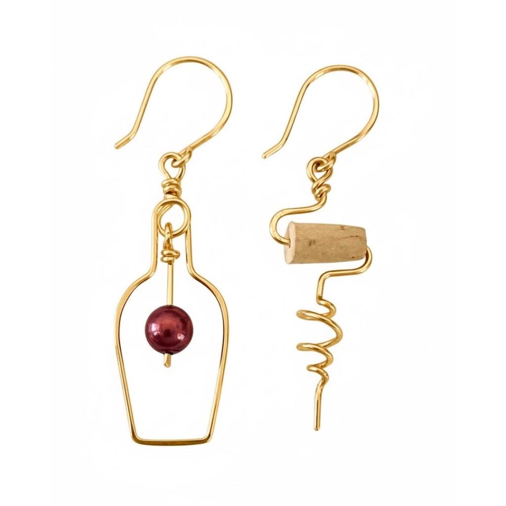 Gold Wine Earrings: Corkscrew & Bottle, Red Pearl Grape, Wine Lover Gift