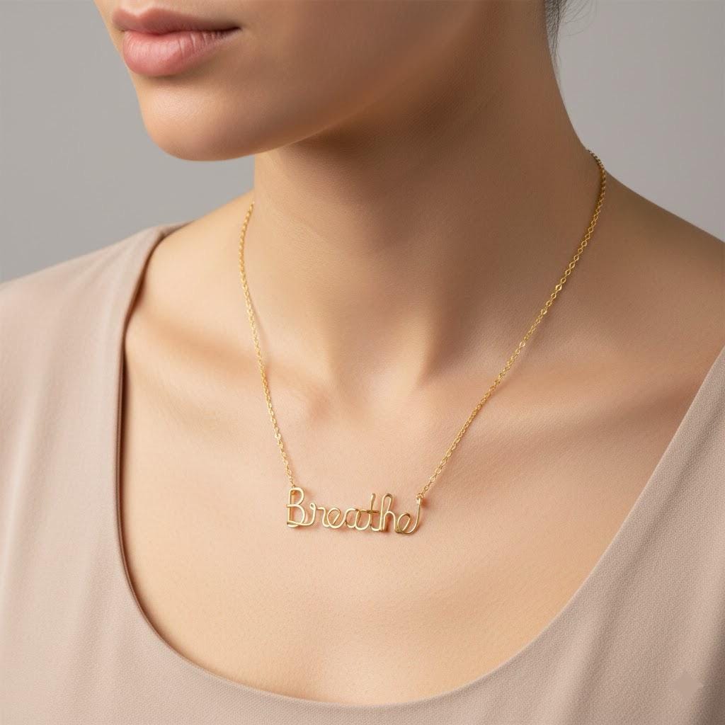 Gold Filled Breathe Necklace: Yoga Inspired Wire Word Pendant
