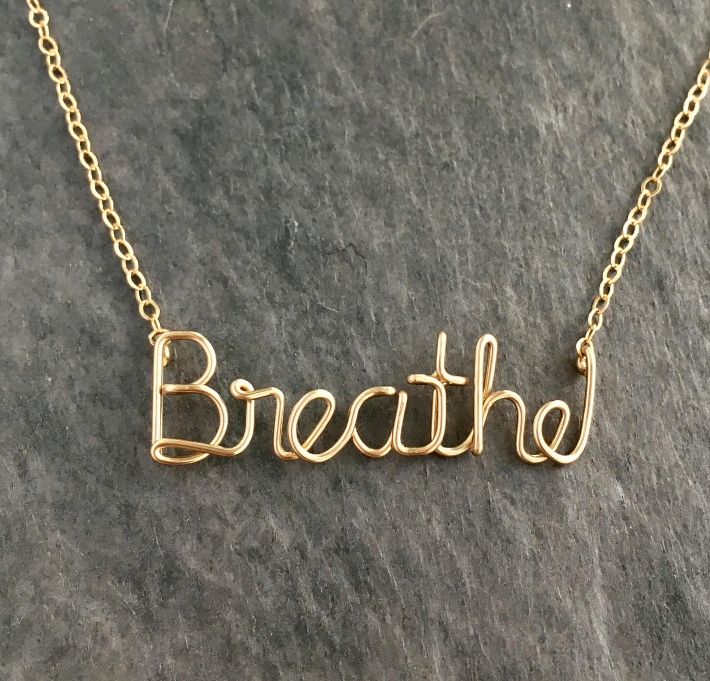 Gold Filled Breathe Necklace: Yoga Inspired Wire Word Pendant