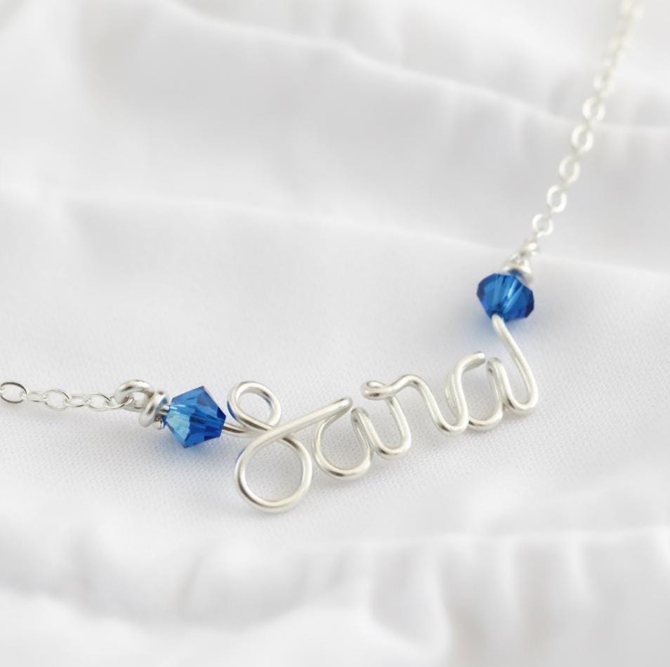 Custom Sterling Silver Girl Child Name Necklace: Swarovski Crystal Accent