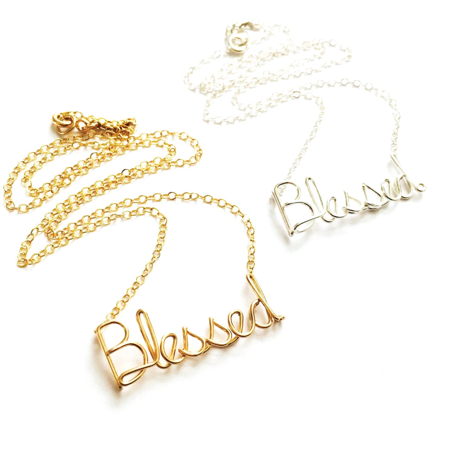 Blessed Necklace. Custom Gold or Silver Script Necklace. Wire Spiritual Religious Jewelry.