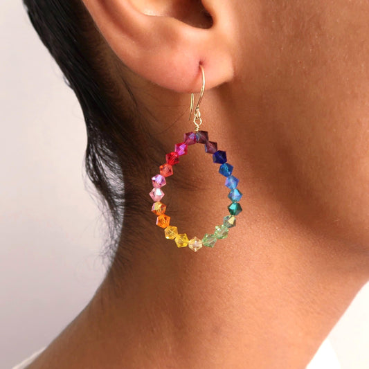 Rainbow Swarovski Crystal Hoop Earrings: Sterling Silver Wire