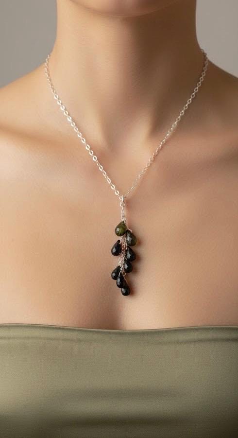 Dark Green Tourmaline Drop Necklace in Sterling Silver – Forest Green Gemstone Dangle Pendant, Only One Available