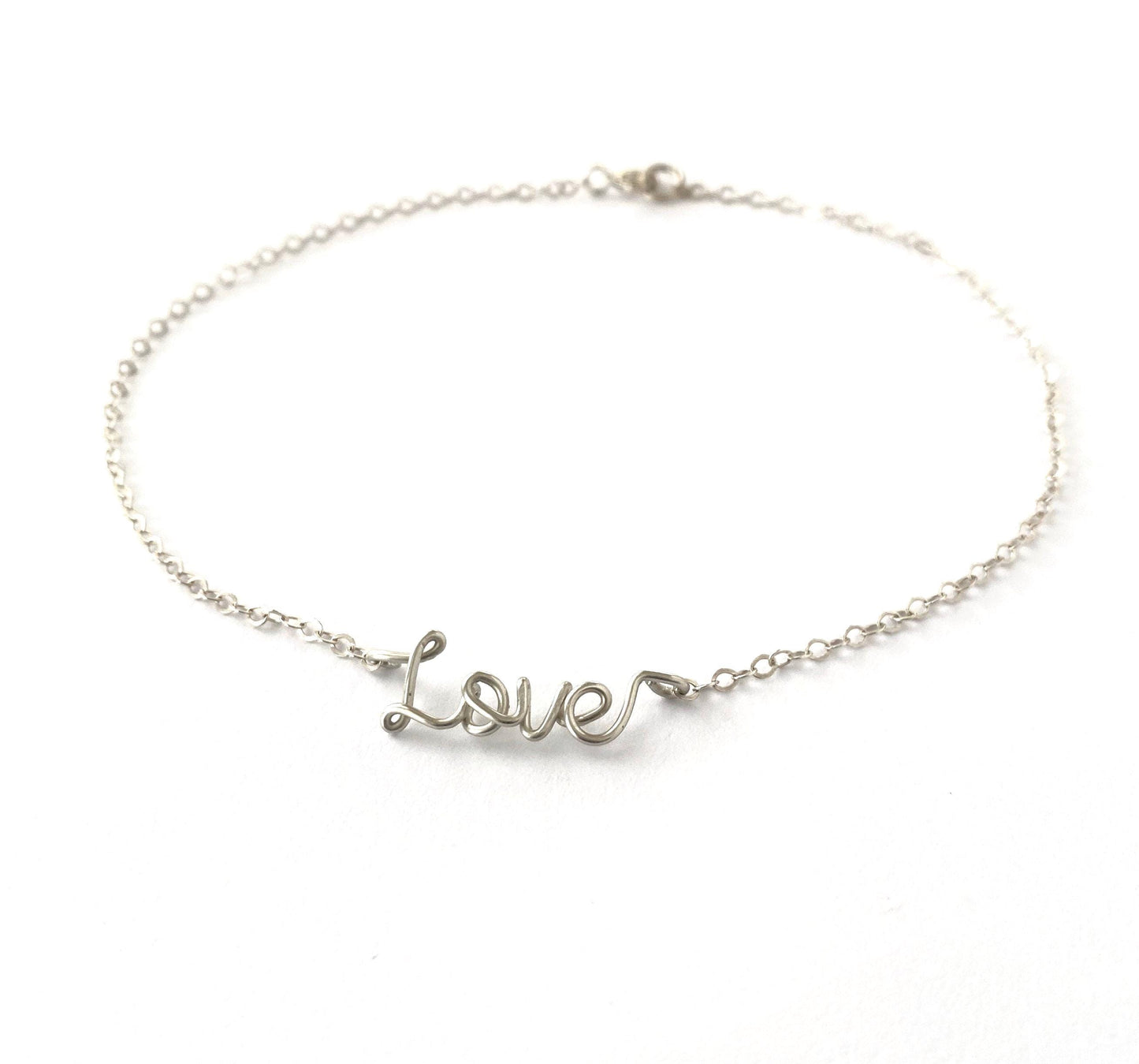 Nickel Free 14k White Gold Love Anklet: Delicate Tiny Word Charm Bracelet