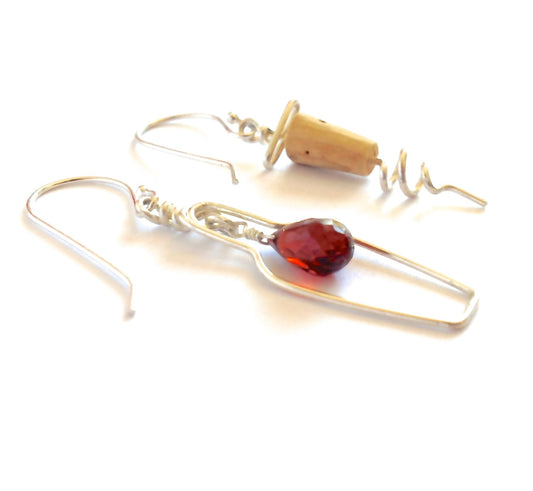 Sterling Silver Wine Earrings: Garnet Gemstone, Corkscrew Charm