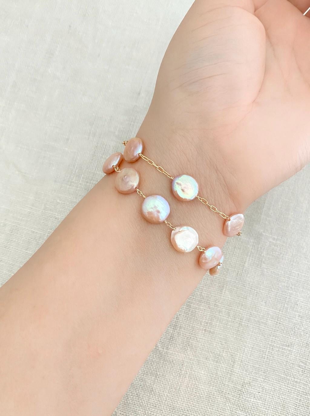 Rare Pink Freshwater Coin Pearl Bracelet: Handmade Infinity Gold Filled Clasp