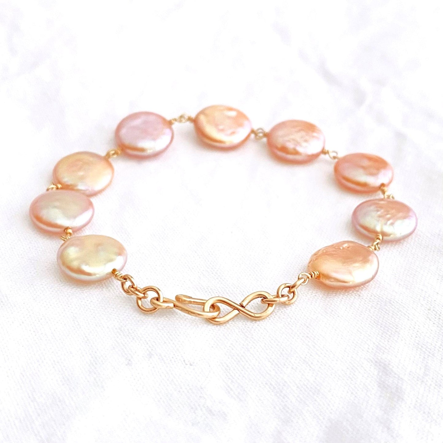 Rare Pink Freshwater Coin Pearl Bracelet: Handmade Infinity Gold Filled Clasp