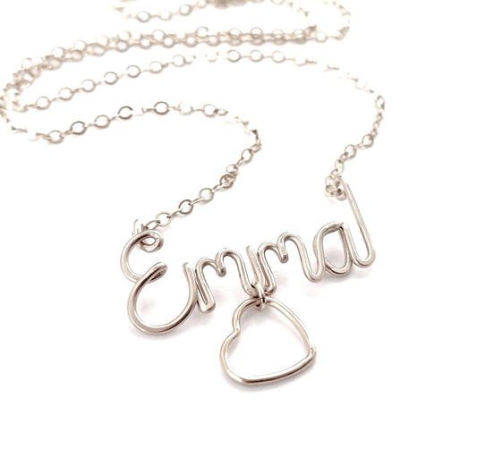 Heart Charm Name Necklace: Sterling Silver, Valentine's Day