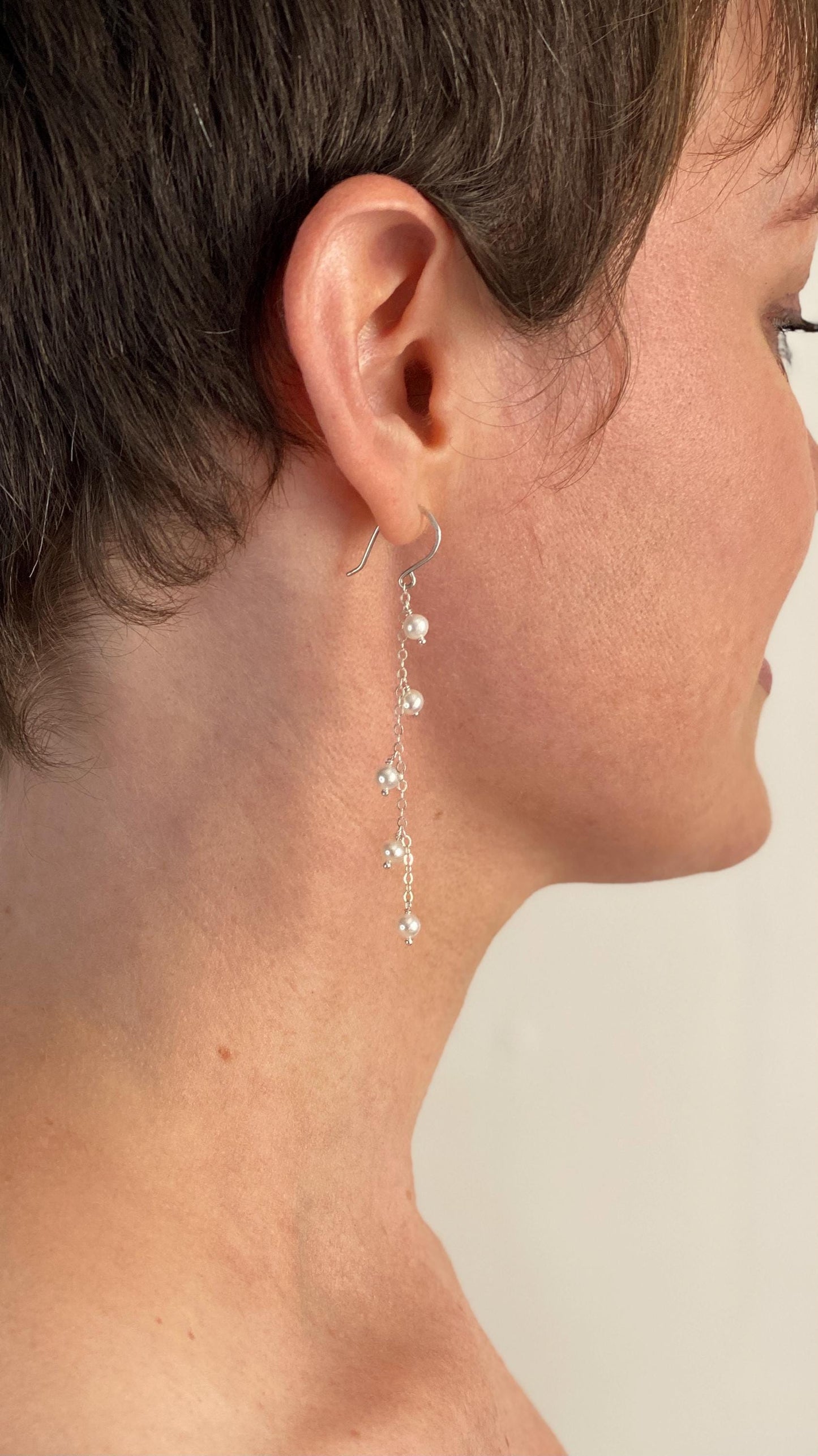 Dainty White Freshwater Pearl Chain 3 inch Earrings: Sterling Silver or 14k Solid Gold