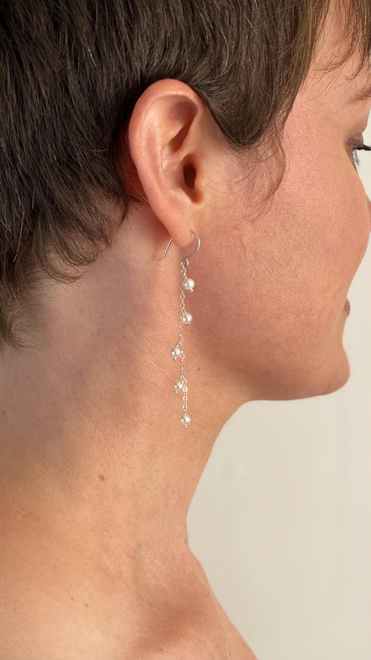 Dainty White Freshwater Pearl Chain 3 inch Earrings: Sterling Silver or 14k Solid Gold