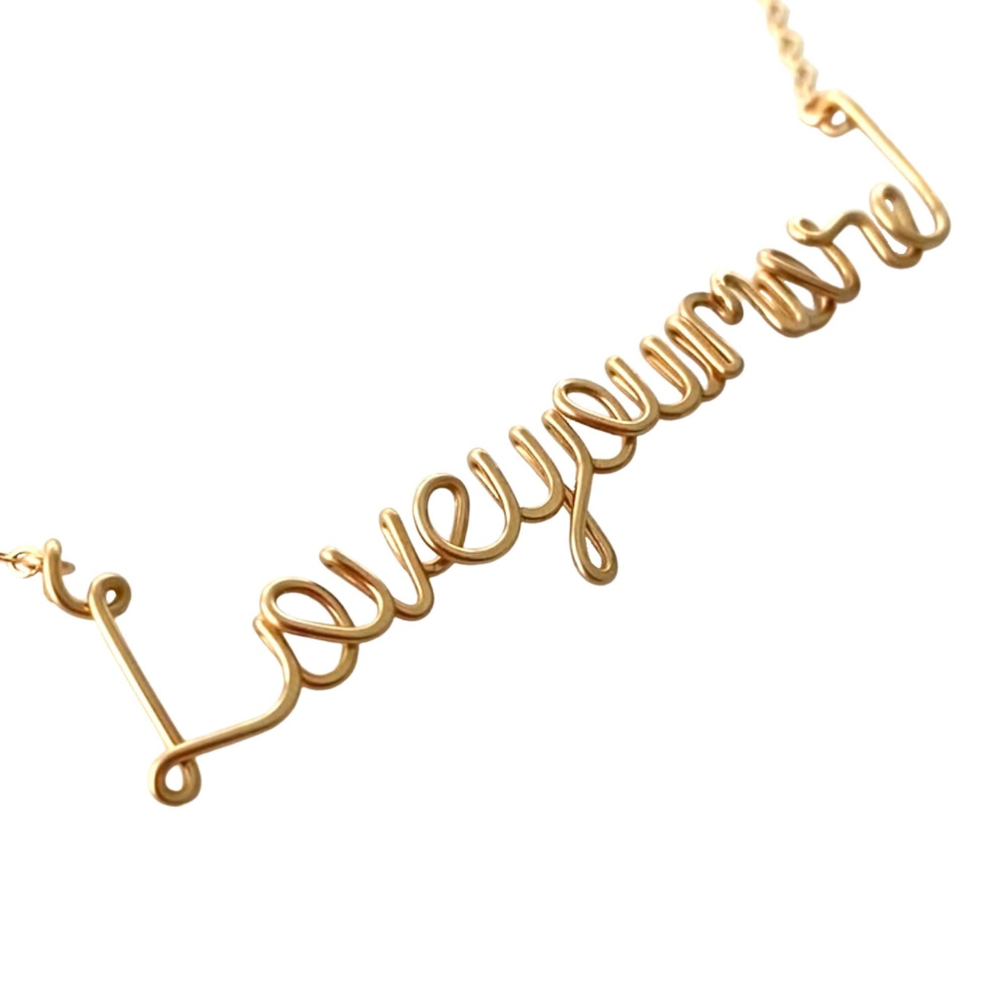 Love you more Gold Hand Hammered Necklace: Script Calligraphy
