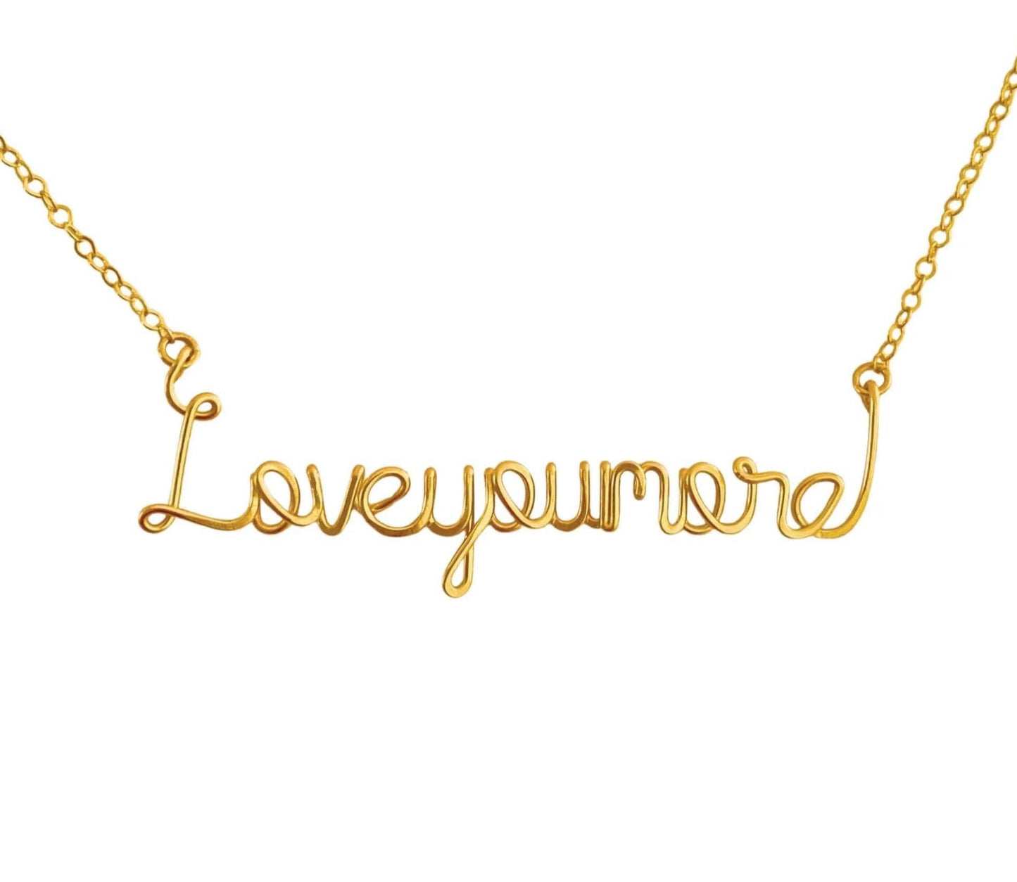 Love you more Gold Hand Hammered Necklace: Script Calligraphy