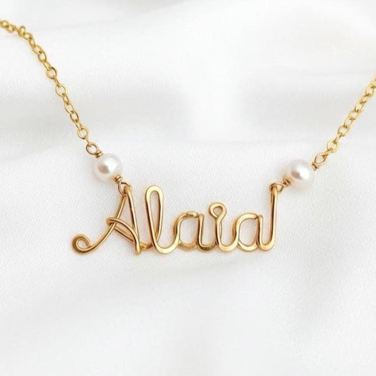 Custom Gold Two Pearl Name Necklace: Cursive Gold Script Monogram