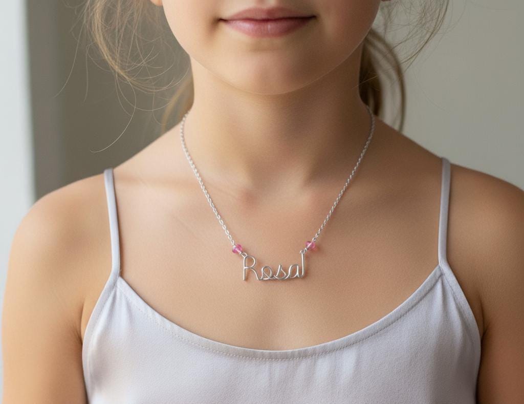 Custom Sterling Silver Girl Child Name Necklace: Swarovski Crystal Accent