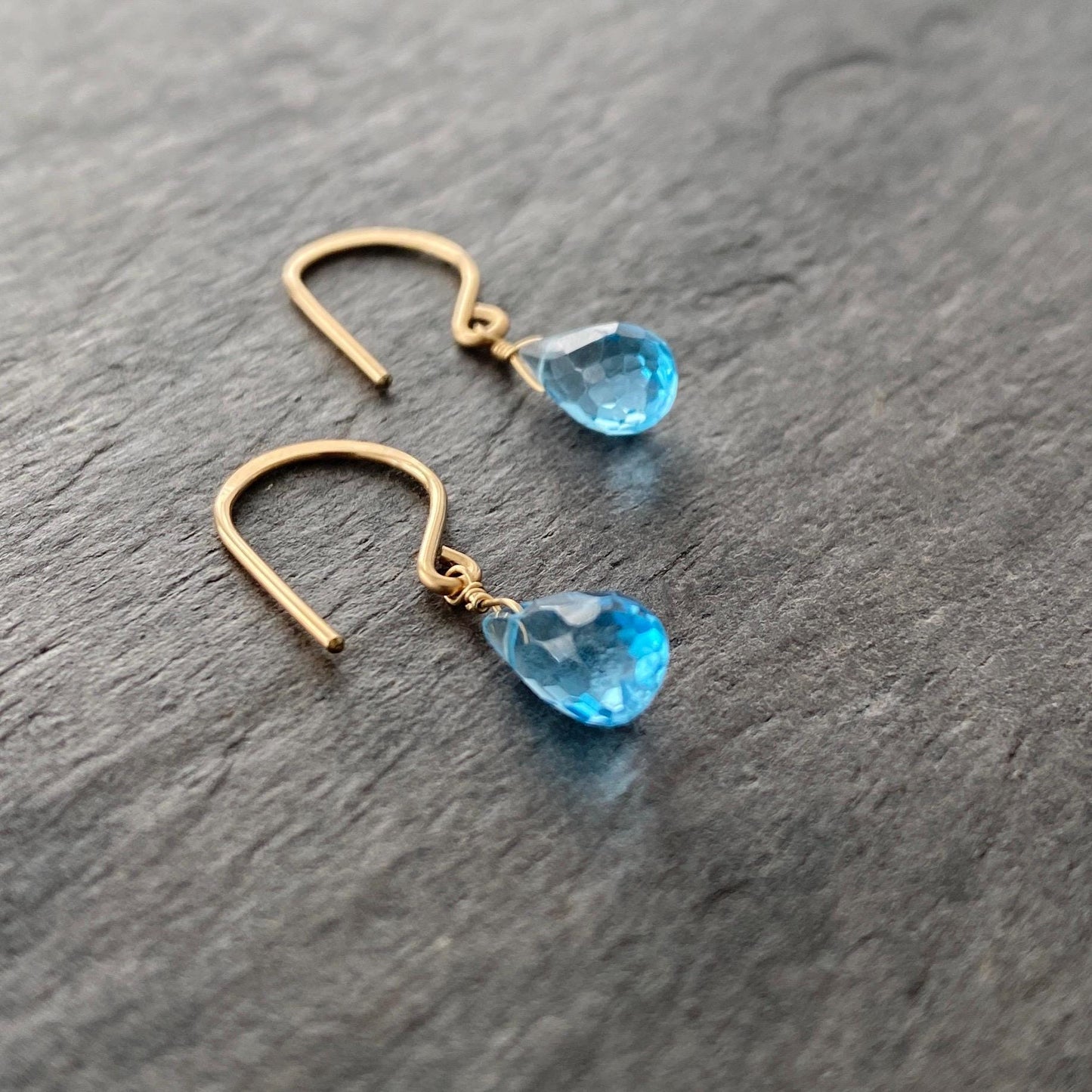 Genuine Blue Topaz Drop Earrings – 14k Gold Filled Hammered Ear Wires Faceted Teardrop Gemstones