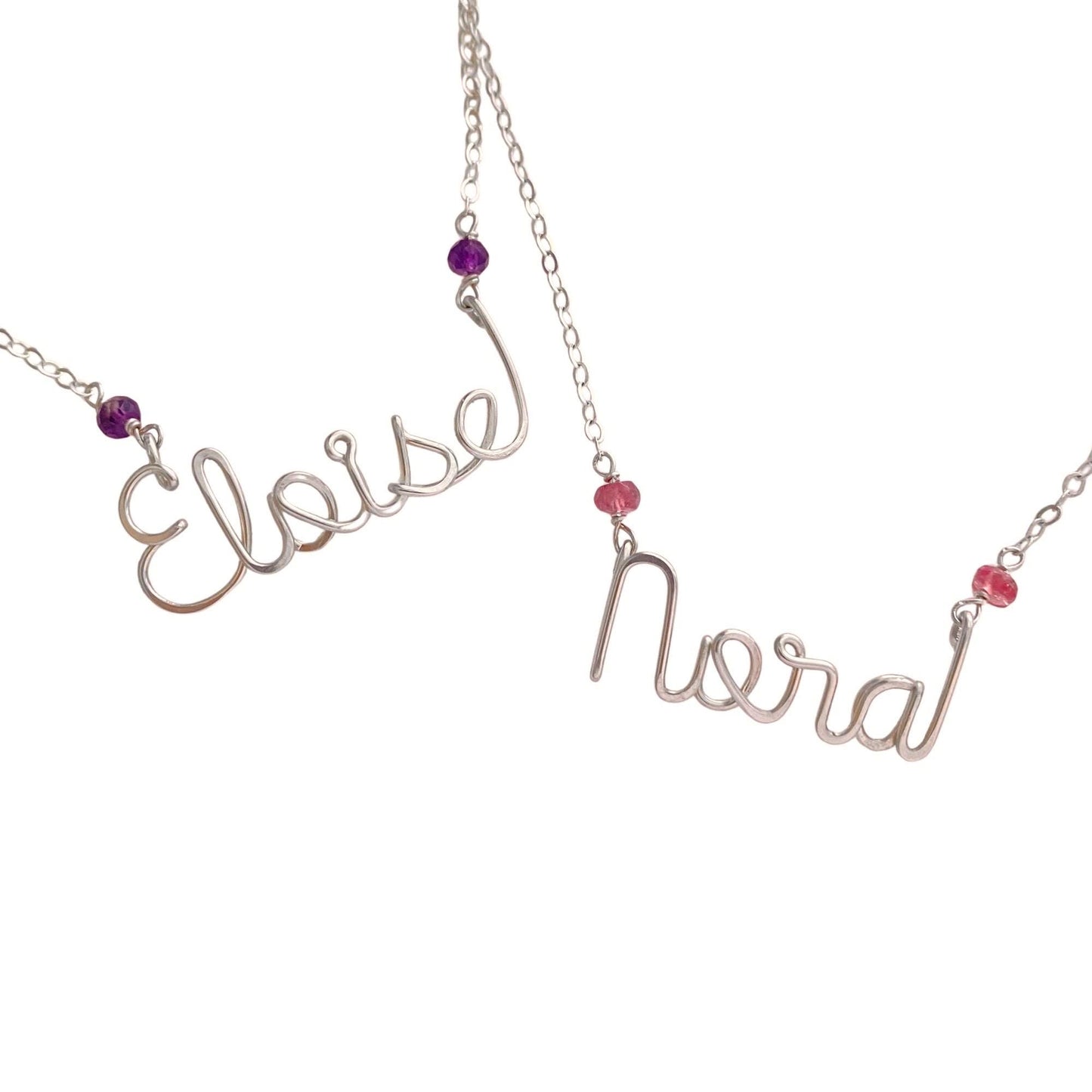 Sterling Silver Cursive Name Necklace: Custom Birthstone Gemstone
