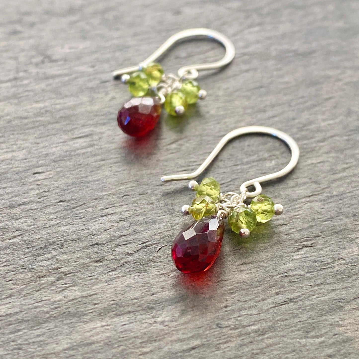 Garnet and Peridot Earrings, One of a Kind Sterling Silver Dangles